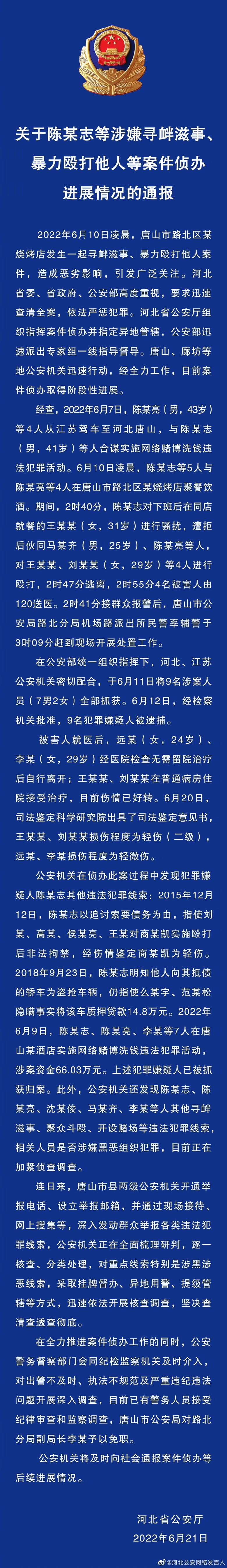 關于陳某志等涉嫌尋釁滋事、暴力毆打他人等案件偵辦進展情況的通報