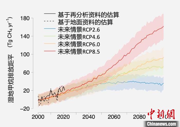 基于觀測的濕地甲烷排放變化與未來氣候變化情景下估算的對比?！≈锌圃呵嗖馗咴?供圖
