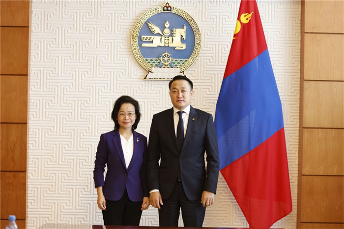 10月31日，中國(guó)駐蒙古國(guó)大使沈敏娟到任拜會(huì)蒙政府辦公廳主任兼蒙古人民黨總書記阿瑪爾巴伊斯格楞（右）。中國(guó)駐蒙古使館供圖