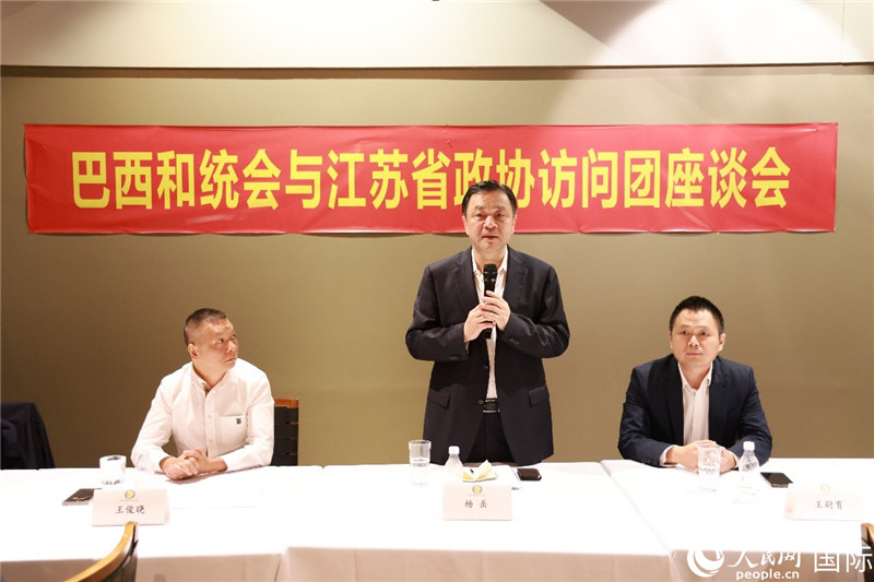 江蘇省政協(xié)副主席楊岳（中）在座談會上致辭。人民網(wǎng)記者 陳海琪攝