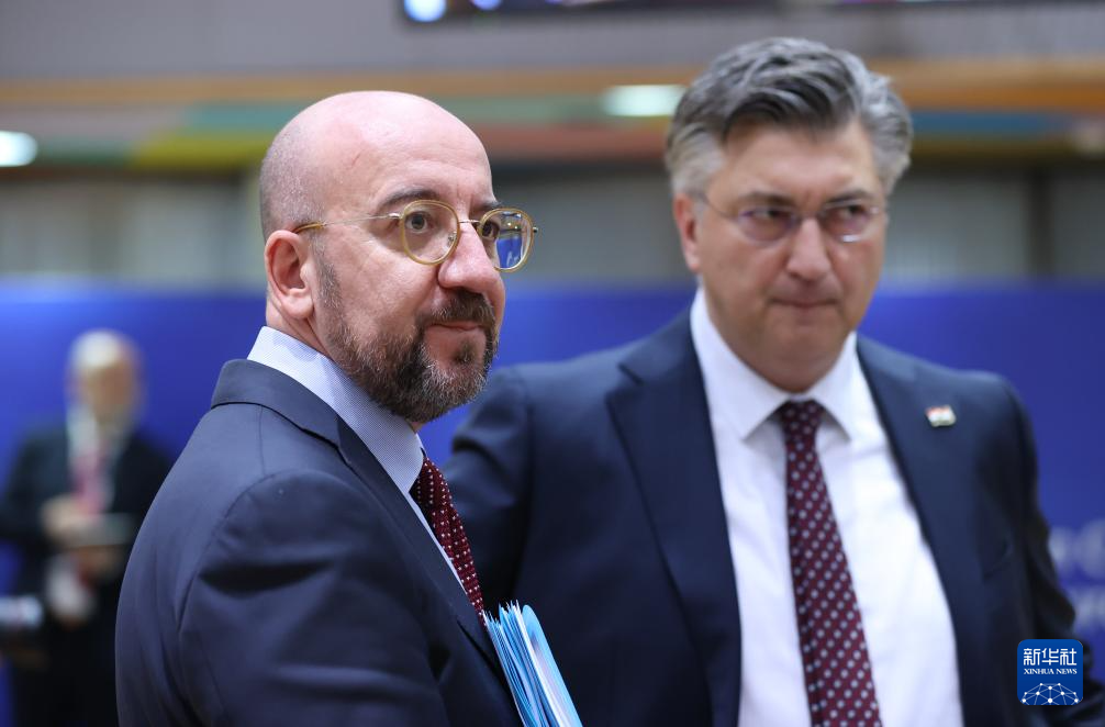 2月1日，歐洲理事會主席米歇爾（左）出席在比利時布魯塞爾舉行的歐盟特別峰會。新華社記者 趙丁喆 攝