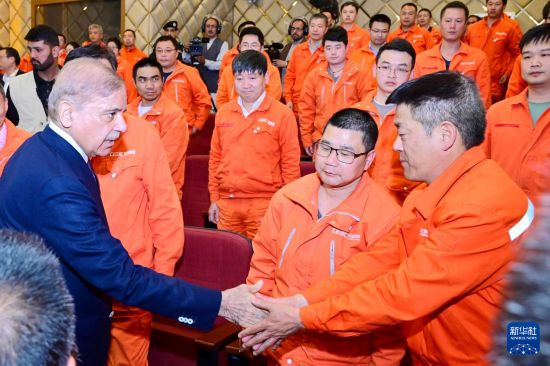 4月1日，在巴基斯坦西北部開(kāi)伯爾-普什圖省達(dá)蘇，巴基斯坦總理夏巴茲（左）同達(dá)蘇水電站項(xiàng)目中方員工握手。新華社發(fā)（巴基斯坦新聞與廣播部下轄媒體信息部門供圖）