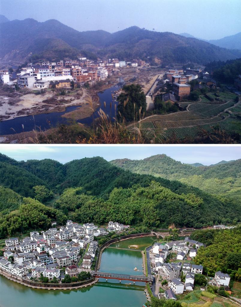 圖為浙江省杭州市淳安縣楓樹嶺鎮(zhèn)下姜村拼版圖，其中上圖為資料照片、下圖由新華社記者張鋮攝。