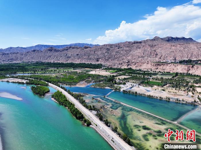 航拍貴德縣黃河岸畔綠意盎然?！●R銘言 攝